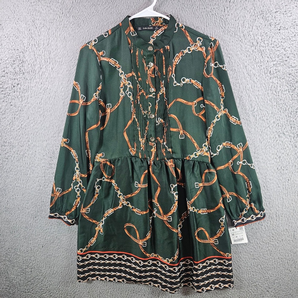 Zara Basic Green Equestrian Chain Belt Print Pleated Mini Dress Womens Sz M NEW